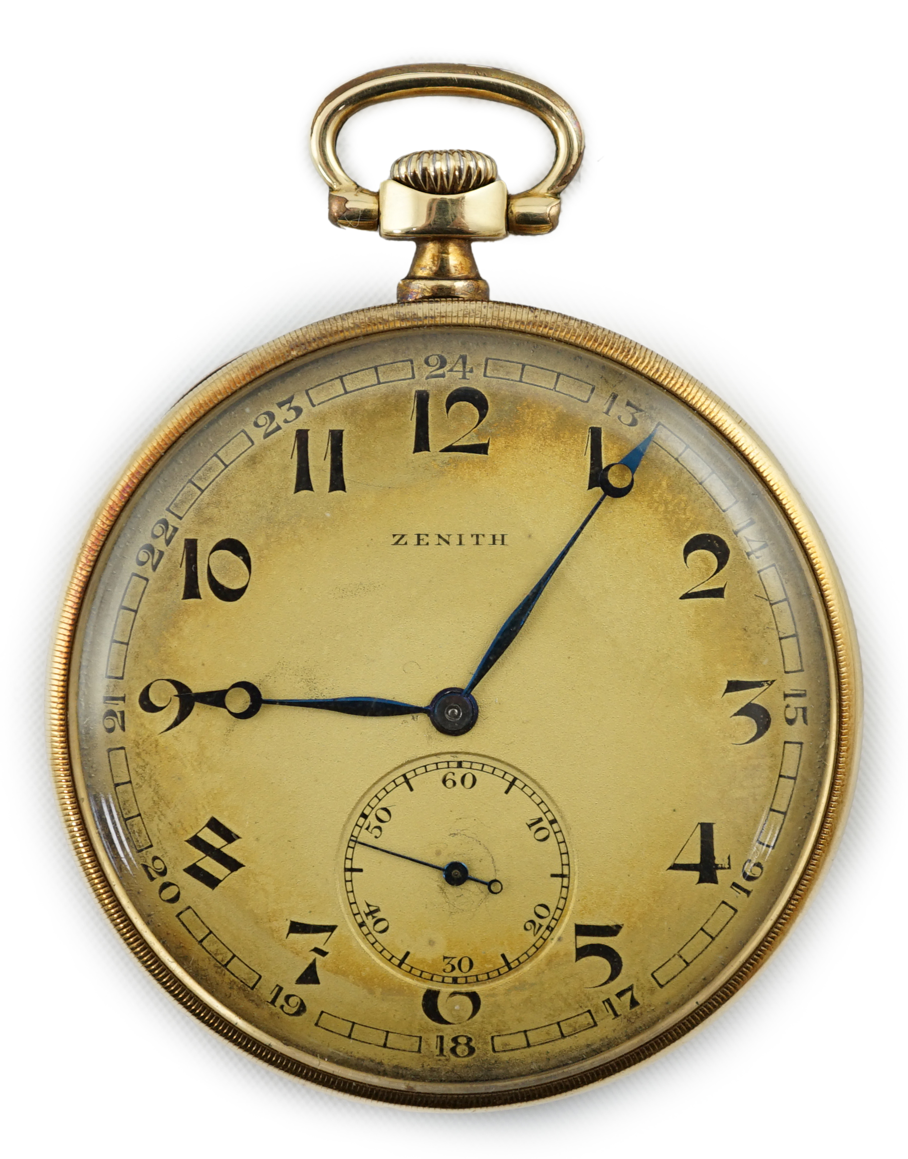 A Zenith 14K gold open faced keyless dress pocket watch